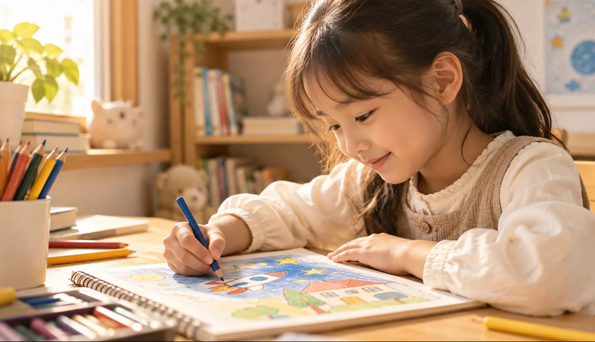 책상에서 그림을 그리며 미소 짓는 아이
